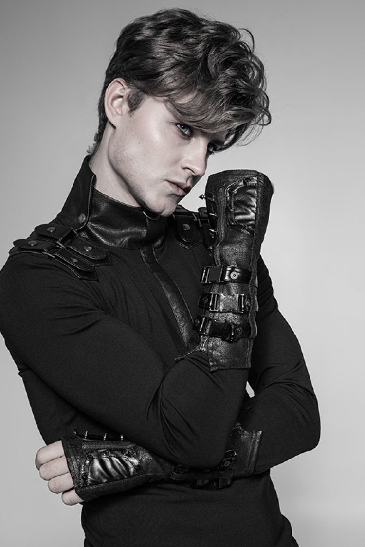 Black Faux Leather Metal Rivet Buckle Men's Steampunk Gloves