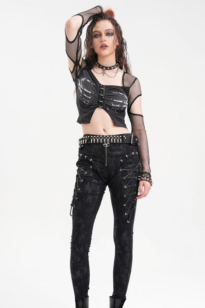Black Long Sleeves Hollow Mesh Ripped Women's Punk Corset