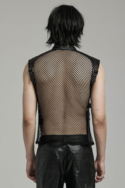 Black Multi-buckles Hollow Mesh Faux Leather Men's Punk Vest