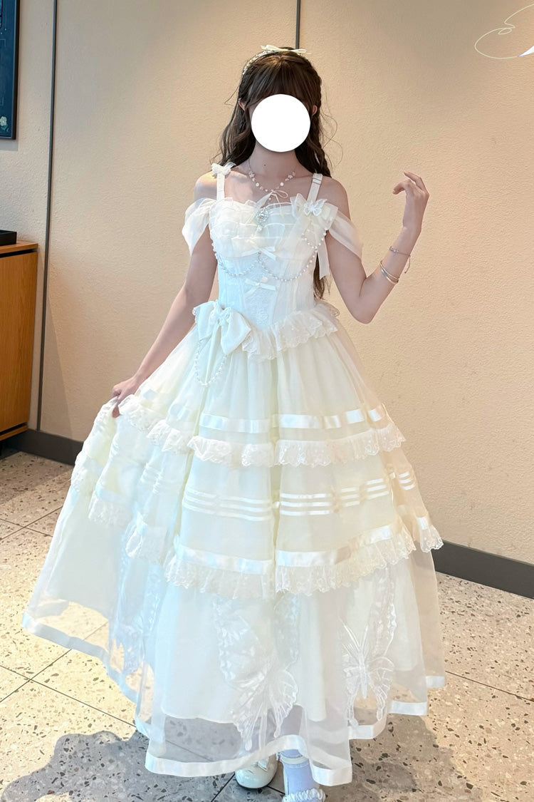 Apricot [Moonlight Poems] Triple-Layered Jacquard Ruffle Bowknot Lace Sweet Elegant Princess Lolita Jsk Dress