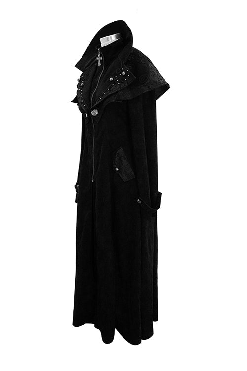 Black Hand Embroidered Big Shawl Collar Zipper Up Long Womens Gothic Coat