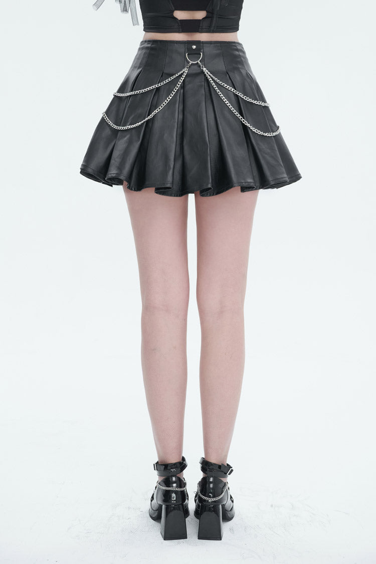 Black Faux Leather Web Eyelet Adjustable String Chain Pleated Women's Gothic Skirt