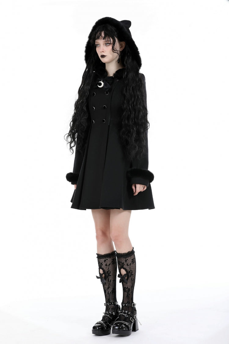 Black Long Sleeves Crescent Moon Bow Spliced Double-breasted Women's Gothic Coat with Cat Ear Hood