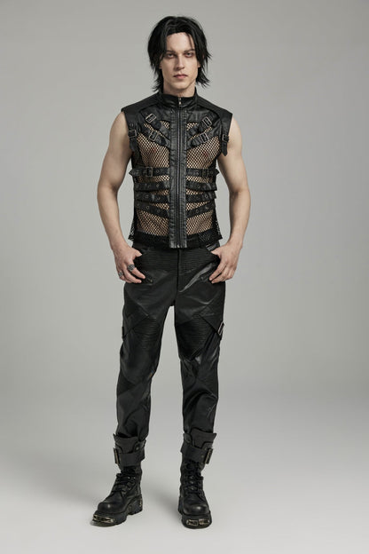Black Multi-buckles Hollow Mesh Faux Leather Men's Punk Vest