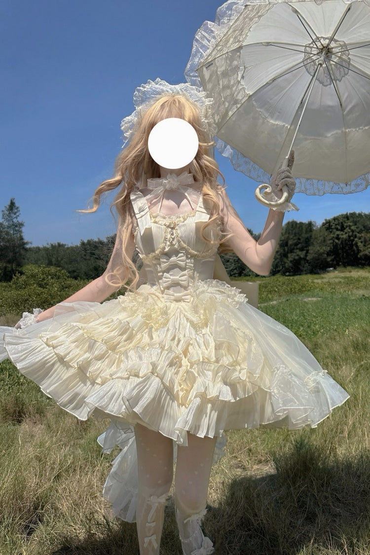 Apricot [Cream Cake] Sleeveless Multi-Layered Ruffle Bowknot Sweet Princess Lolita Jsk Dress Set