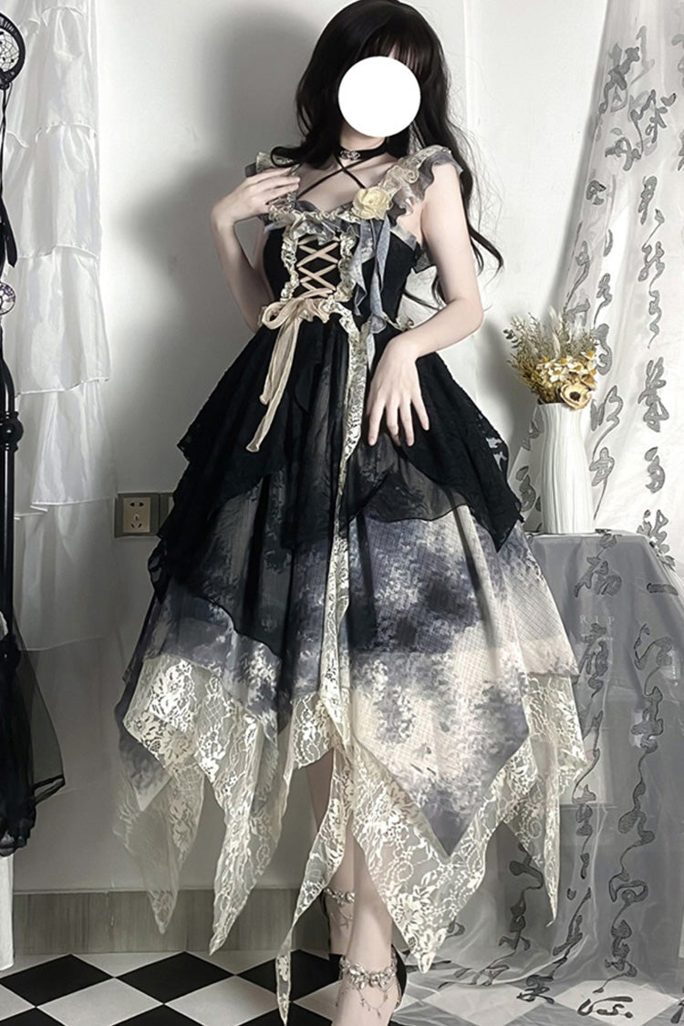Black Letters And Poems Lace Sleeveless Printed Irregular Gothic Lolita Dress
