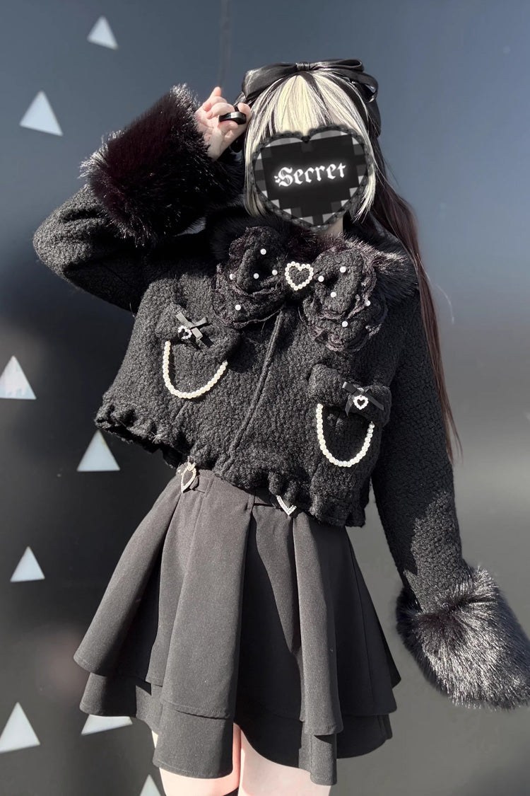 Black Long Sleeves Bow Sheep Wool Gothic Jirai Kei Japanese Short Coat