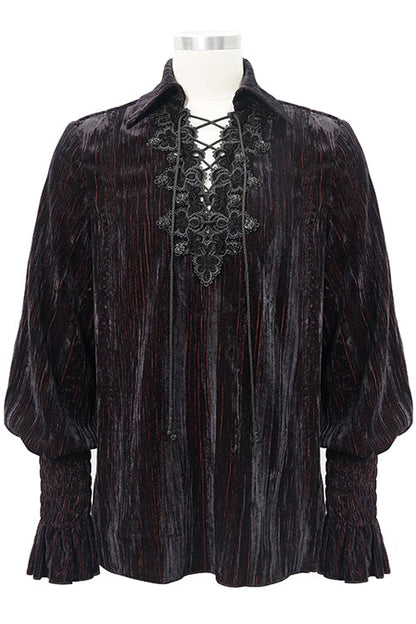 Black And Red Velvet Lantern Sleeves Loose Mens Gothic Blouse