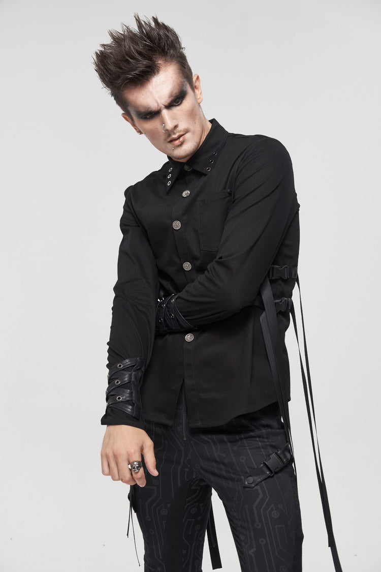 Black Nylon Strap Metal Buckle Decoration Long Sleeve Elasticity Men's Punk Shirt
