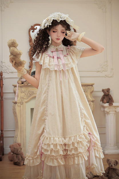 Apricot [Lily's Dream] Stand Collar Short Sleeves Loose-Fit Doll-Like Multi-Layered Ruffled Bow Lace Sweet Lolita Dress 2 Versions
