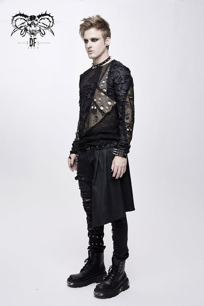 Black A Variety Of Mesh Materials Stitching Unedged Broken Holes Round Collar Men's Punk T-Shirt