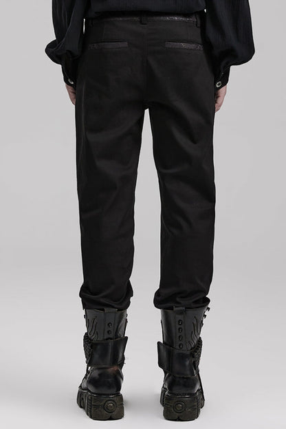 Black Leather Stitching Slim Front Zipper Men's Gothic Pants