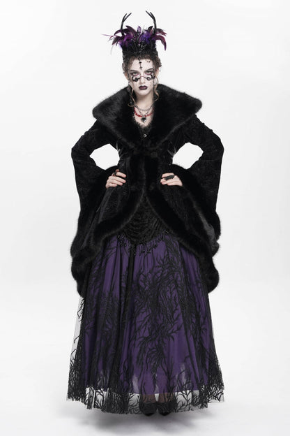 Black Long Sleeves Floral Embroidery Women's Gothic Fluffy Coat