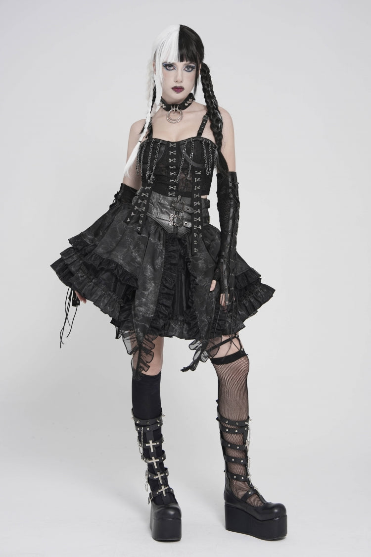 Black Off Shoulder Lace Lace-Up Slim Mesh Strappy Chain-Decorated Eyelet Women's Punk Corset
