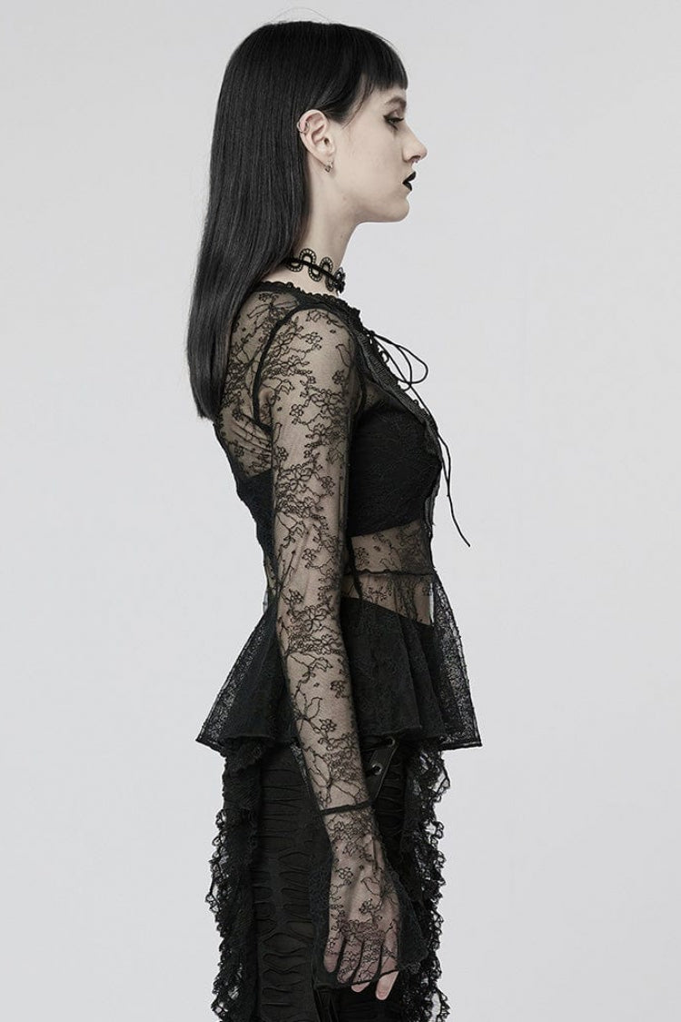 Black Long Trumpet Sleeves Lace Sheer Women's Gothic T-Shirt