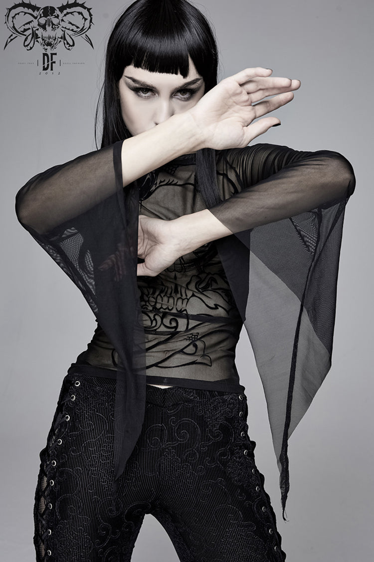 Black Mesh Horn Sleeve Snake Flocking Printed Women's Gothic Shirt
