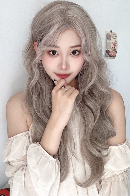 Beige Brown Sweet Lolita Long Wavy Wig with Curved Bangs