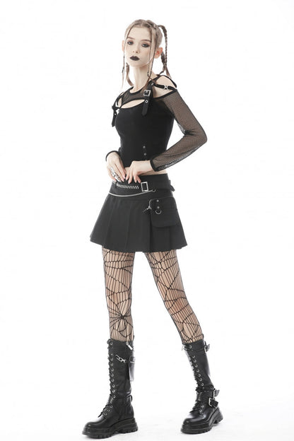 Black Pleated Big-pocket Chain-Decorated Women's Punk Mini Skirt with Belt