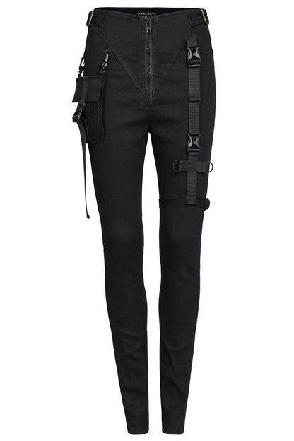 Black Functional Tooling Style Pocket Belt Trim V-Shaped Split Zipper Women's Punk Trousers