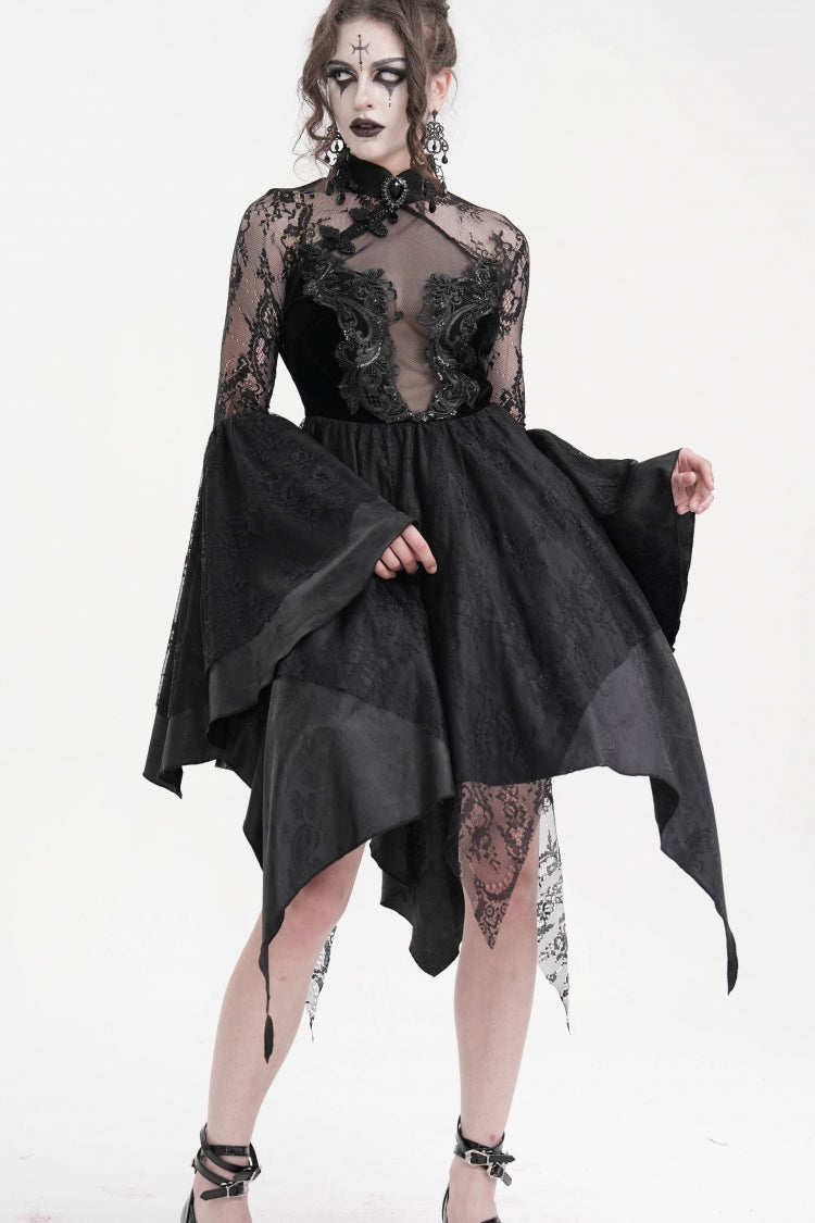 Black Long Sleeves Embroidery Lace Lace-Up Irregular Sheer Mesh Women's Gothic Dress