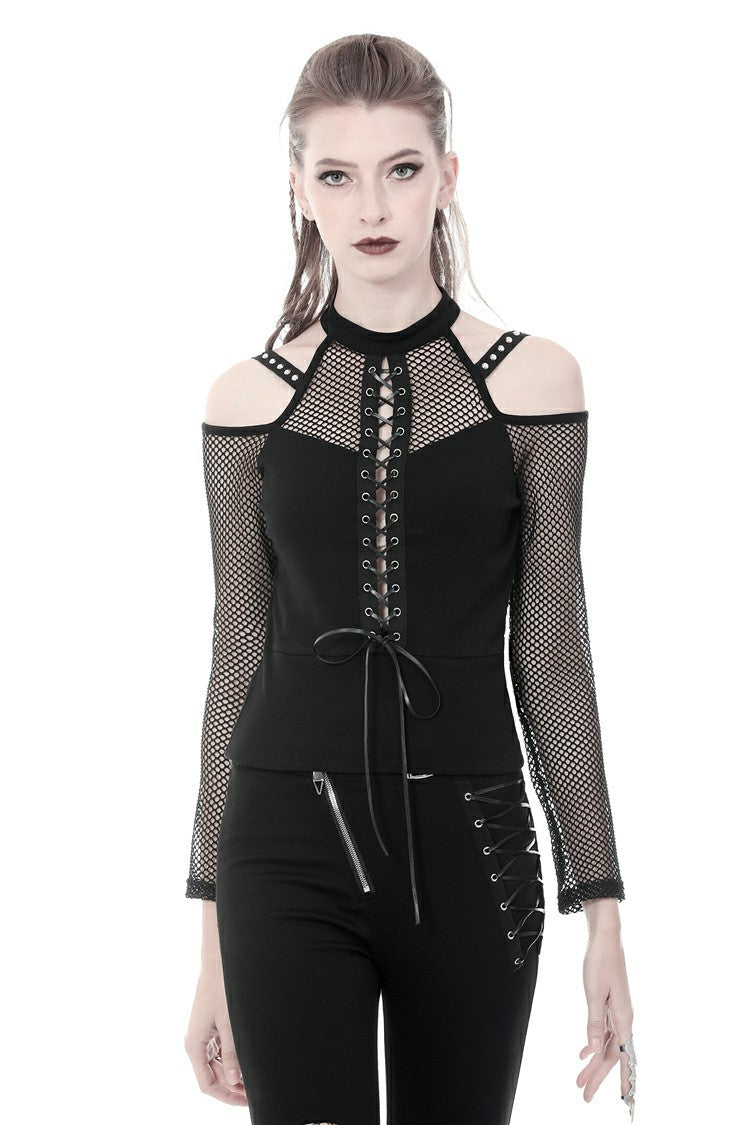 Black Off Shoulder Long Sleeves Lace-Up Mesh Women's Punk Top