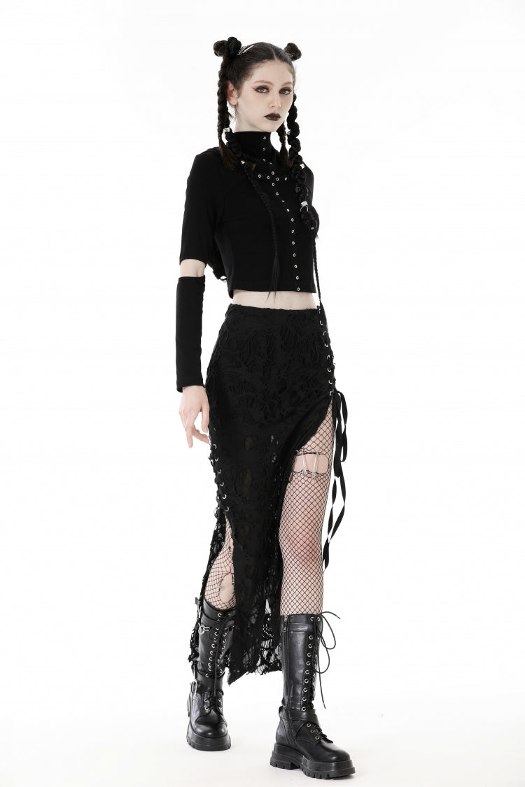Black Lace-Up Ripped Women's Punk Split Long Skirt