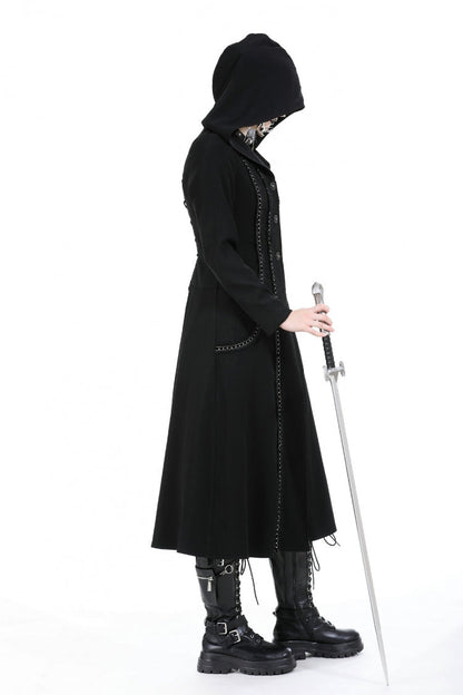 Black Long Sleeves Ruffled Lace-Up Women's Punk Long Jacket with Hood