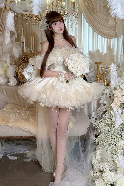 Apricot [Dream Confession] Sleeveless Multi-Layered Ruffled Hanayome Bow Lace Lace-Up Sweet Lolita Jsk Dress Short Version