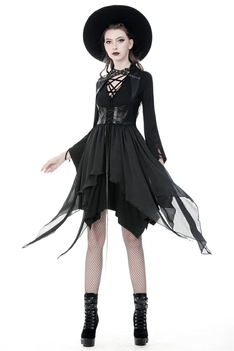 Black Chiffon Sleeveless Cut-Out Chest Irregular Hem Lace-Up Buckled Women's Punk Jacket