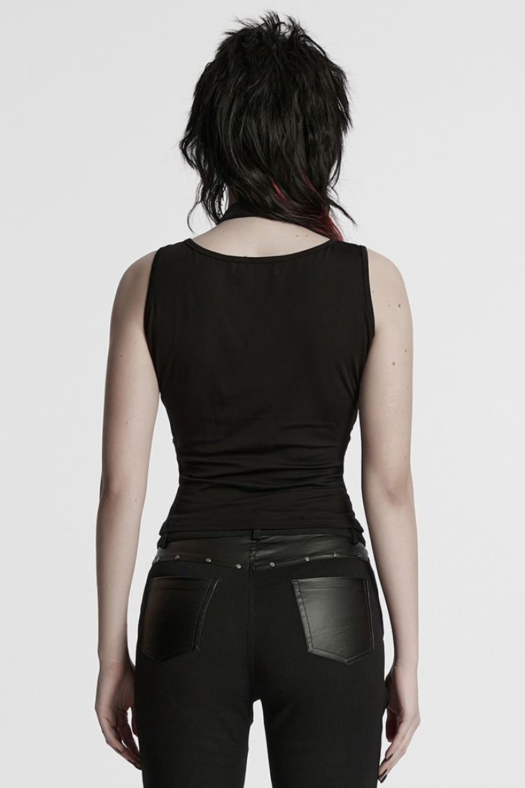Black Halterneck Sleeveless Buckle Strap Women's Punk Vest
