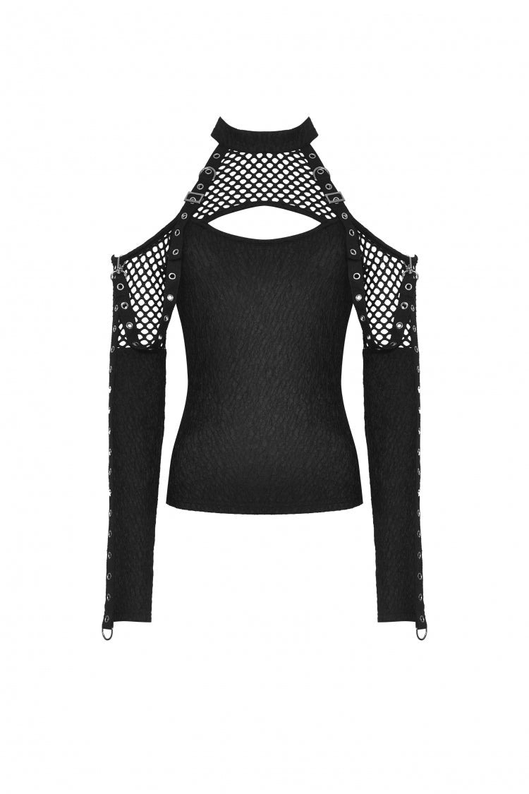 Black Off Shoulder Long Sleeves Cut-Out Spliced Mesh Women's Punk Top