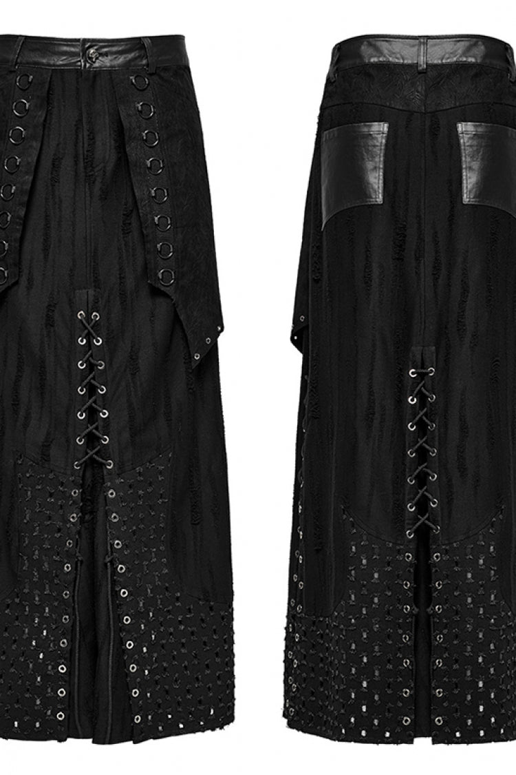 Black Lace-Up Ripped Eyelet Men's Punk Skirt