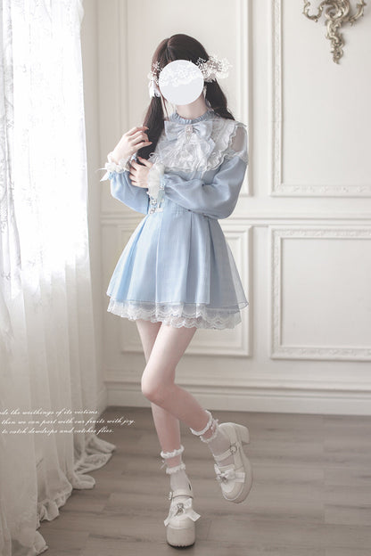Aqua [Angel Heartbeat] Long Sleeves Bowknot Lace Sweet Jirai Kei Japanese Dress