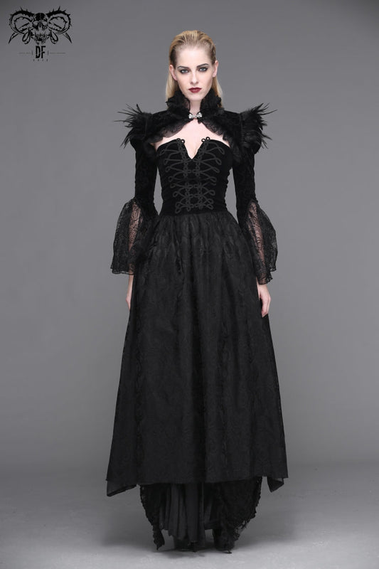 Black High Collar Long Trumpet Sleeves Printed Lace Pleated Women's Vintage Punk Jacket