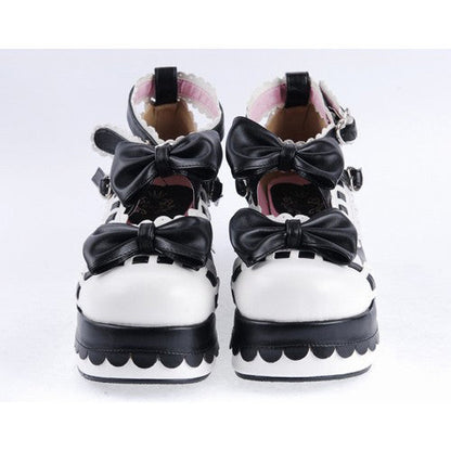 Black & White Romantic PU Round Toe Ankle Straps Bow Decoration Platform Lolita Shoes