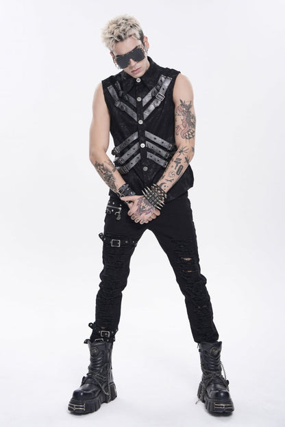 Black Lapel Collar Sleeveless Multi-Layered Printed Tie-dyed Buckled Men's Punk Shirt
