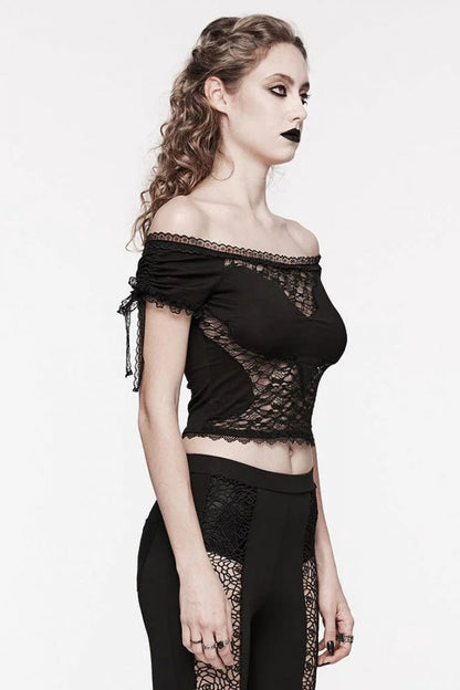 Black Off Shoulder Short Sleeves Hollow Bowknot Lace Women's Gothic Top