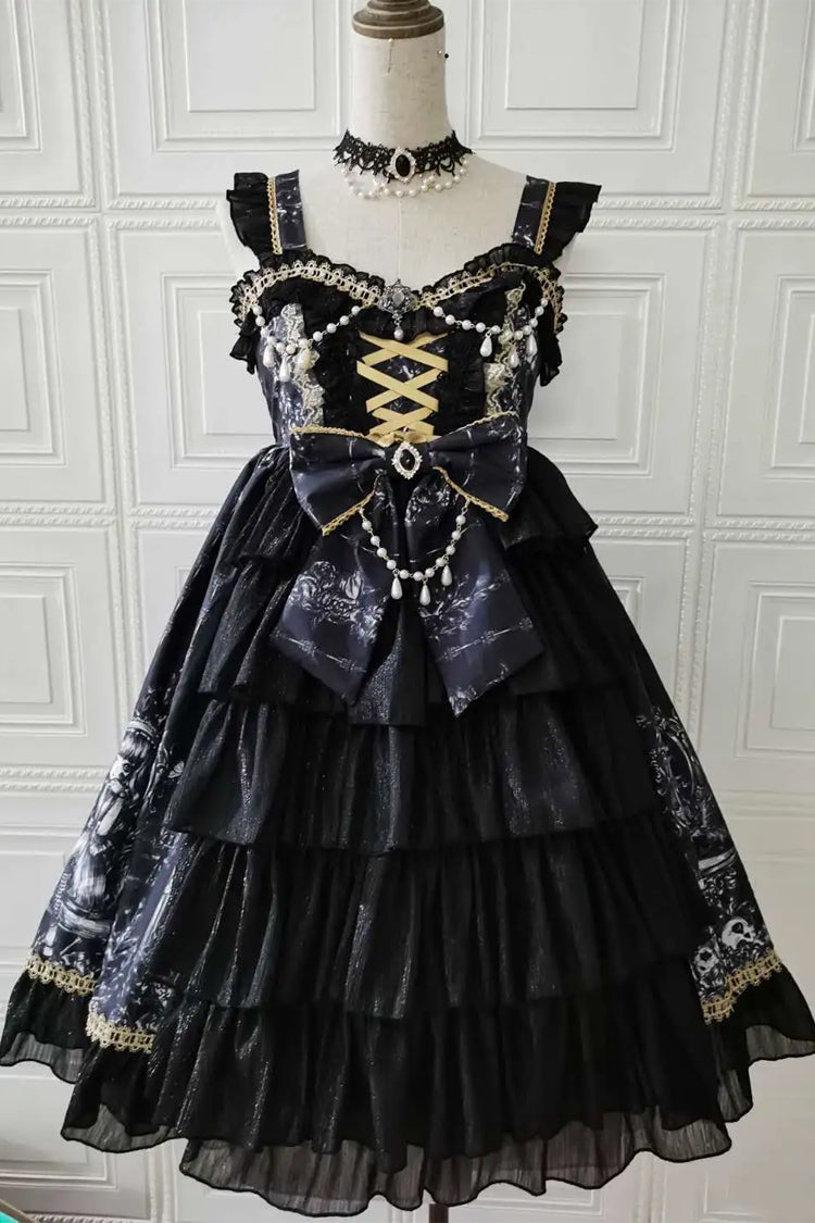 Black Dragon Rider Print Ruffle Cardigan Bowknot Lace Gothic Lolita Jsk Dress