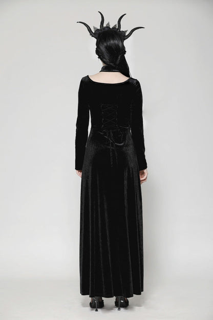 Black Long Sleeves Cut-Out Lace-Up Women's Gothic Side Slit Velvet Party Dress Wedding Dress