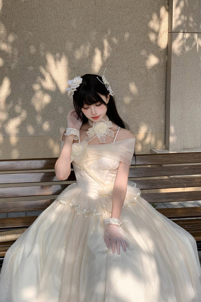 Beige [Sanglin’s Tribute] Off Shoulder Ruffled Sweet Lolita Dress