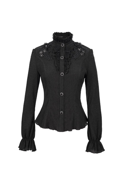 Black Lace High Neck Three Dimensional Embroidered Lantern Trumpet Sleeves Women's Gothic Shirt