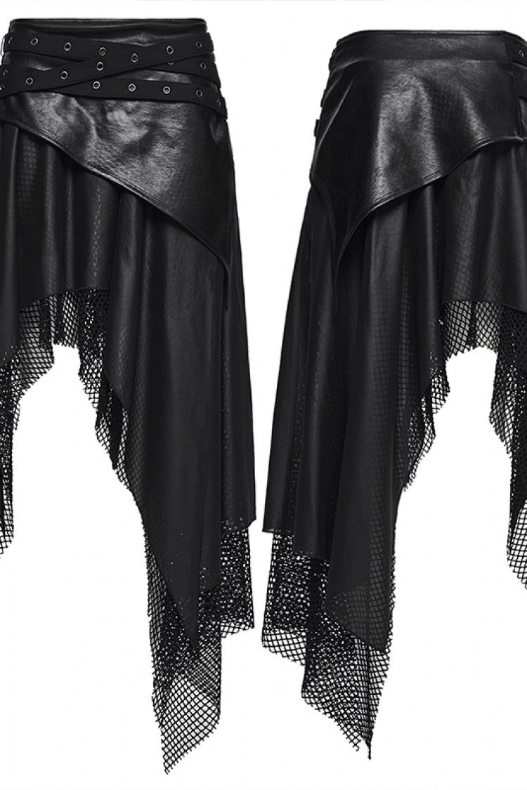 Black Double-Layered Irregular Eyelet Women's Punk rregular Wasteland Skirt