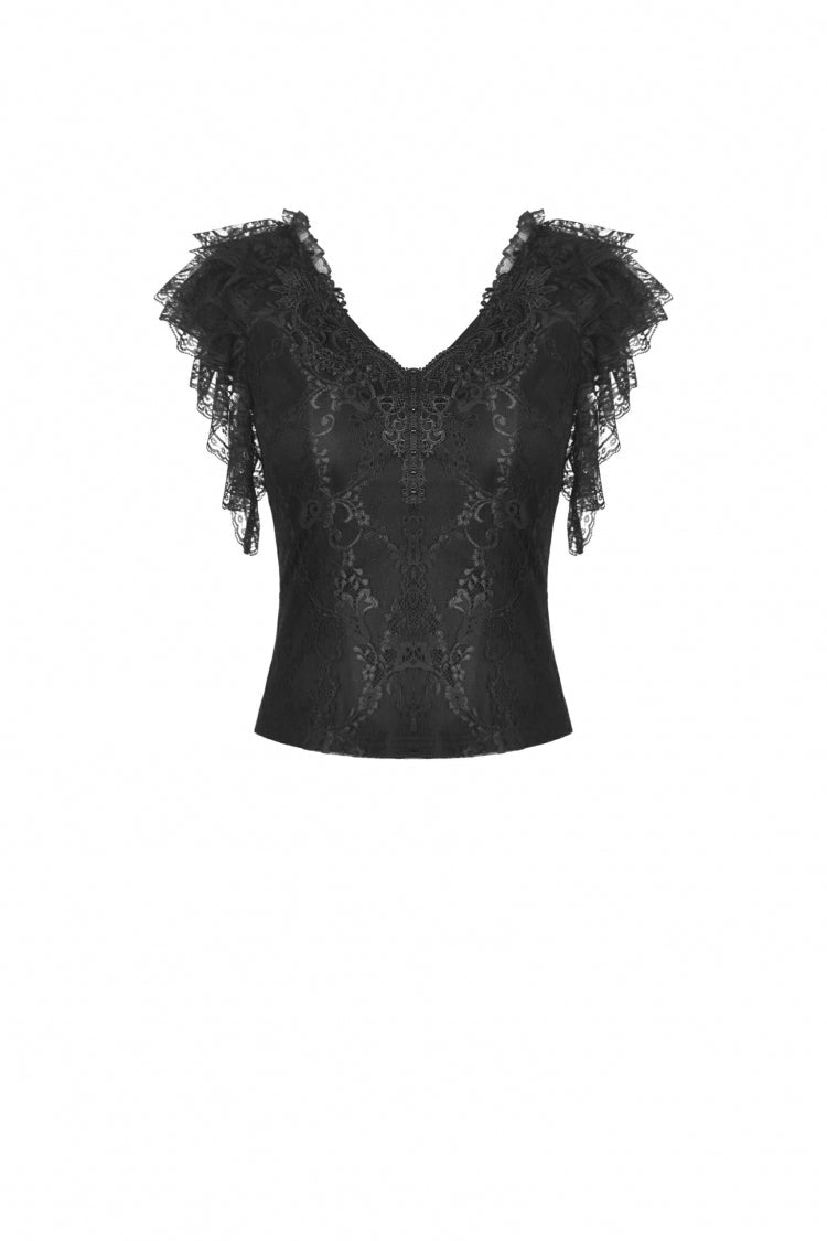 Black Plunging V Collar Short Sleeves Ruffled Lace Sexy Women's Gothic Crop Top