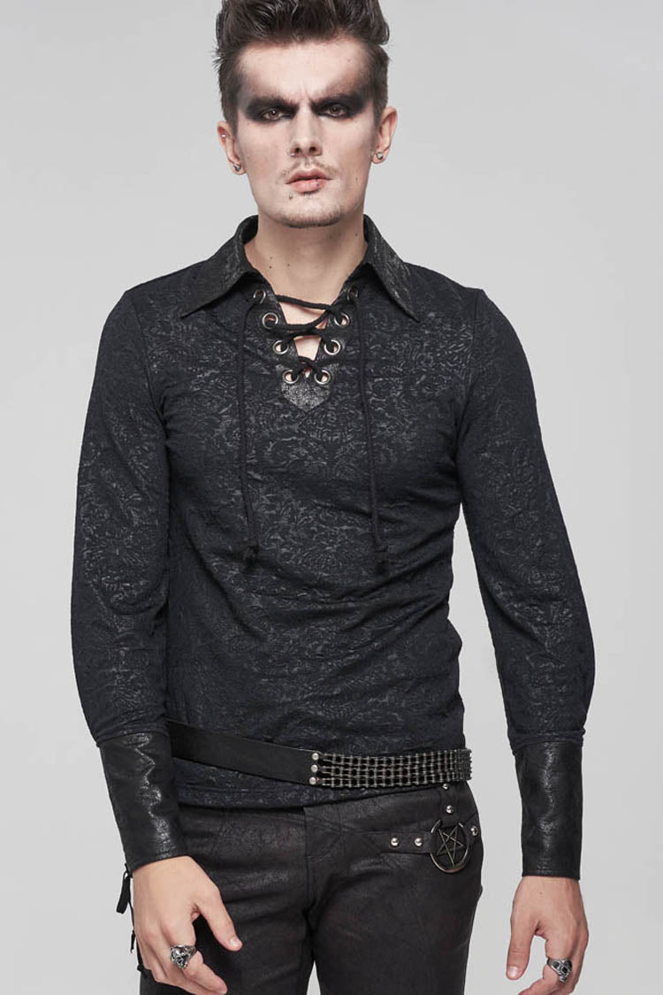 Black Gothic Pattern Decoration Tie Rope Design Knitted Elasticity Pullover Men's Shirt