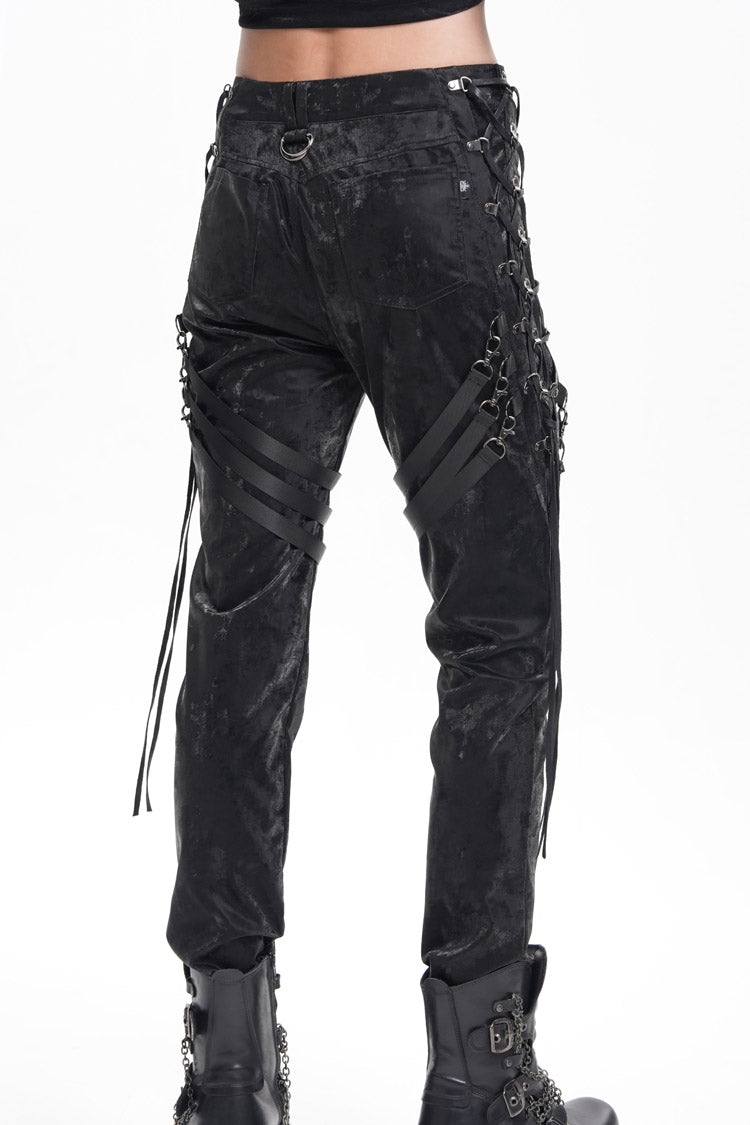 Black Buckle-up Spaghetti Straps Stitching Men's Gothic Pants