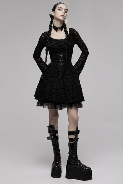 Black Minimalist Flared Sleeve Bat Moon Flocking Print Pattern Long Sleeves Punk Women's Dress