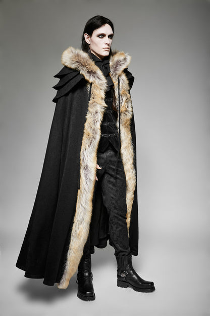 Black Hooded Fur Collar Wool Long Mens Gothic Coat Cloak