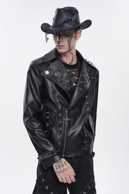 Black Lapel Collar Long Sleeves Studded Buckled Zippered Eyelet Women's Punk Jacket