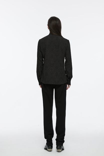 Black Lapel Collar Long Sleeves Jacquard Print Drawstring Lace-Up Men's Gothic Blouse