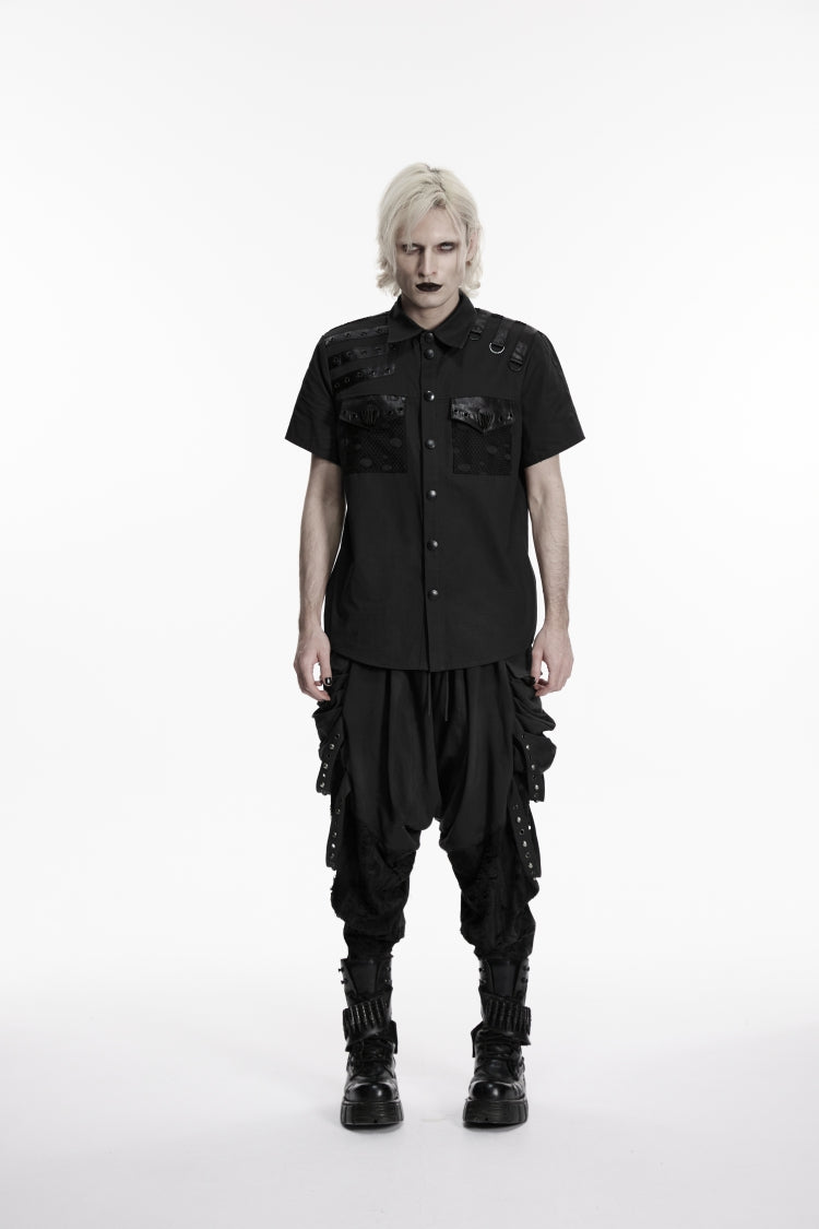 Black Lapel Collar Short Sleeves Cut-Out Spliced Men's Punk Shirt